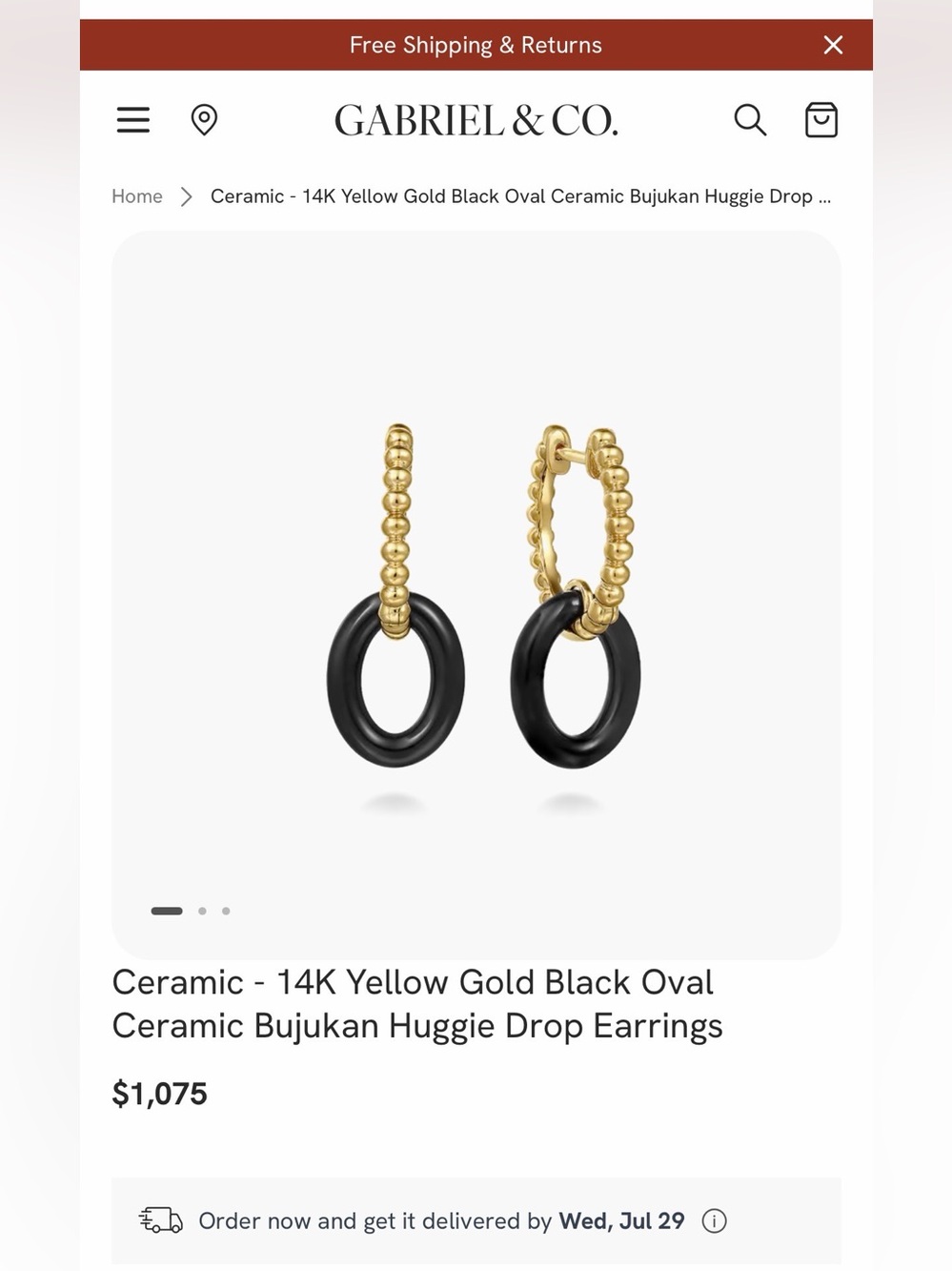 Gabriel & Co 14K Yellow Gold Black Oval Ceramic Bujukan Huggie Drop Earrings